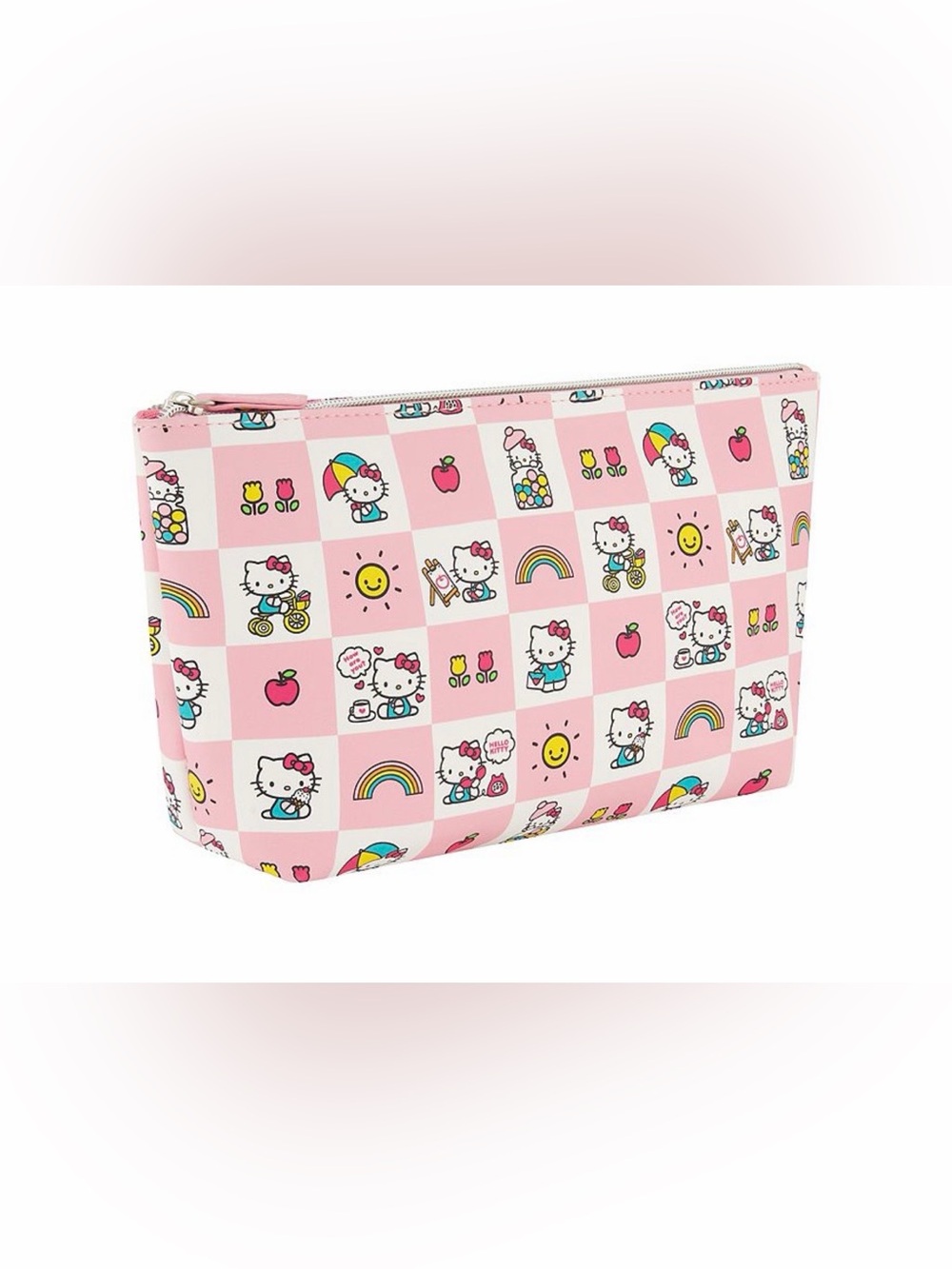 NWOT. Sanrio Hello Kitty checkered pastel trapezoid cosmetic travel bag.